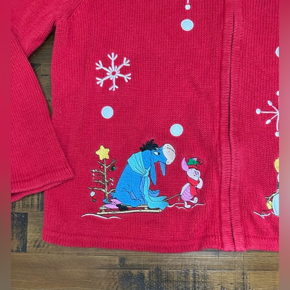 Disney Winnie The Pooh Embroidered Snowy Winter Cardigan Sweater Sz Large Vtg - Picture 2 of 5